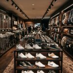 Ein exklusives Golfgeschäft mit Golfschlägern, Bags und Schuhen in den Regalen.