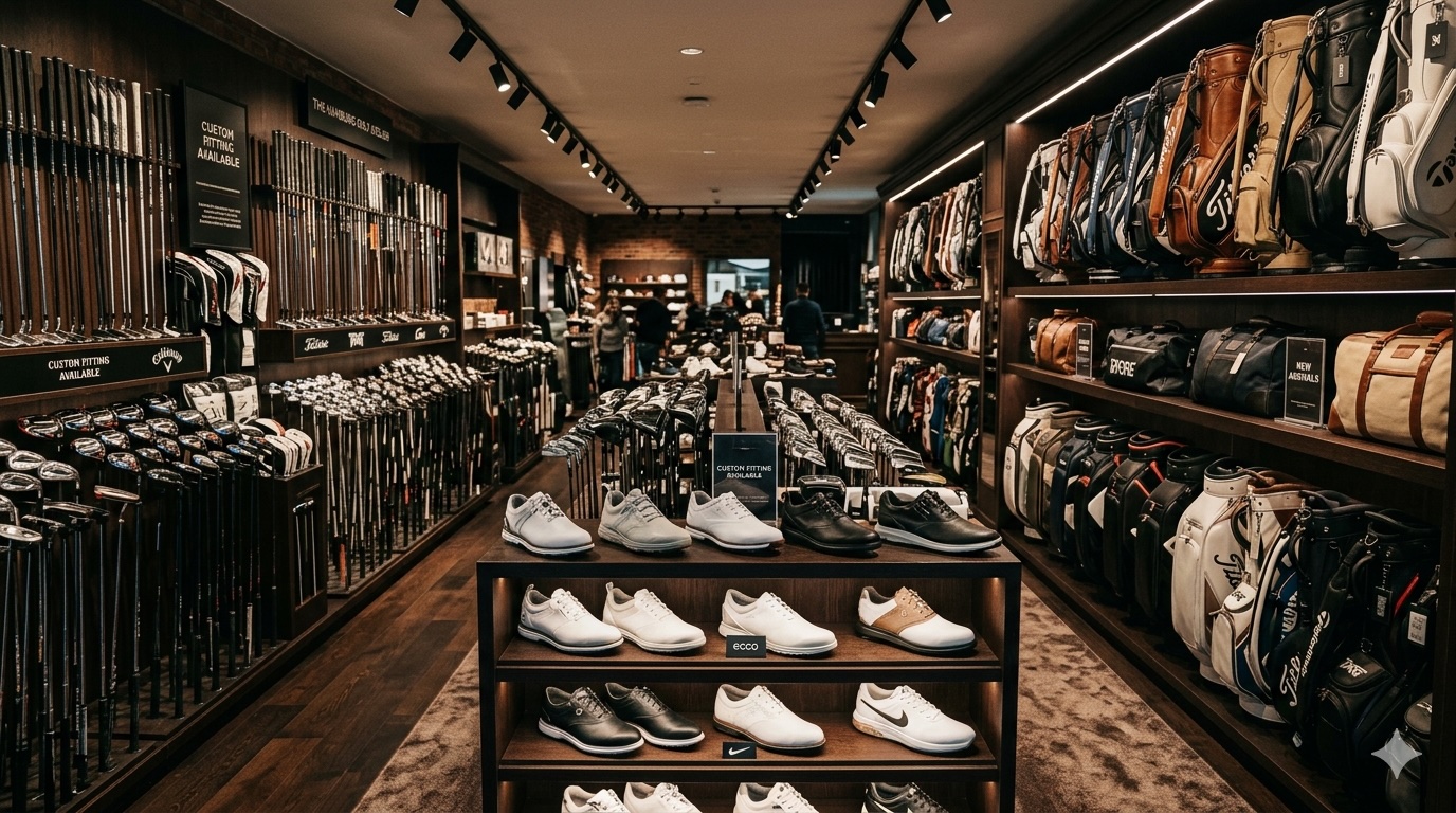 Ein exklusives Golfgeschäft mit Golfschlägern, Bags und Schuhen in den Regalen.